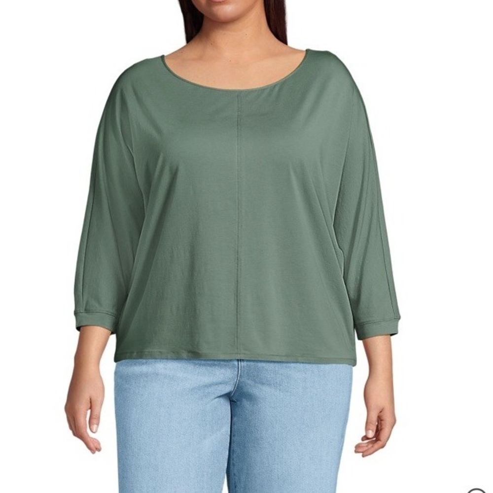 Lands End Blouse Womens XL Solid Dolman Sleeve Green Casual 3/4 Sleeve